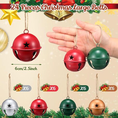 zubebe 2.5 بوصة أجراس عيد الميلاد كبيرة الحجم، نجمة عيد الميلاد انقطاع ملون مزلقة جرس زخرفة أجراس حرفية معدنية لتغليف الهدايا ديكور شجرة عيد الميلاد (ماتي الأحمر والأخضر والذهب والفضي، 12) in Kuwait