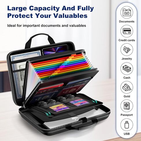 Fireproof Document Box, Hard Case Fireproof File Organizer with Lock and 13 Pocket Accordion File Folder, Portable Safe Box for Home Office Travel to Storage Important Documents Laptop Black in Saudi Arabia