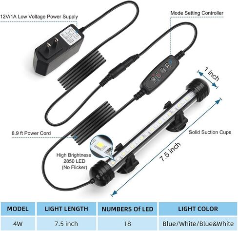 LED Submersible Aquarium Light 4W Underwater Fish Tank Light with Blue White&Blue and White Three Light Modes Timer Automatic On/Off and Dimmer Brightness Adjustable (7.5inch) in Saudi Arabia
