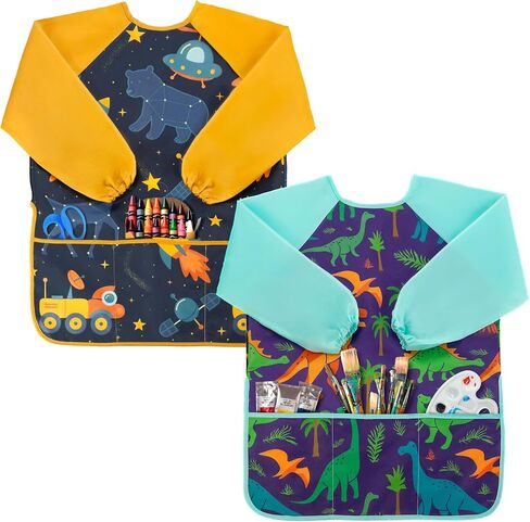 Oiomniv Kids Art Smock-مئزر طويل الأكمام مقاوم للماء مع 3 جيوب ، أطفال قابلة للغسل وأطفال Smock للأعمار 3-8 in Kuwait