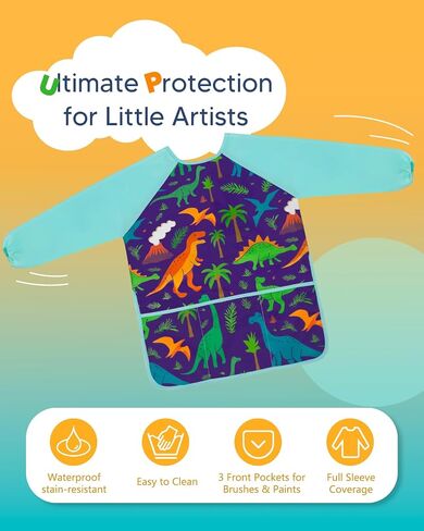 Oiomniv Kids Art Smock-مئزر طويل الأكمام مقاوم للماء مع 3 جيوب ، أطفال قابلة للغسل وأطفال Smock للأعمار 3-8 in Kuwait