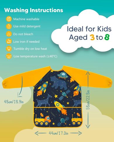 Oiomniv Kids Art Smock-مئزر طويل الأكمام مقاوم للماء مع 3 جيوب ، أطفال قابلة للغسل وأطفال Smock للأعمار 3-8 in Kuwait
