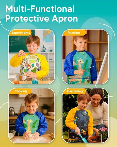 Oiomniv Kids Art Smock-مئزر طويل الأكمام مقاوم للماء مع 3 جيوب ، أطفال قابلة للغسل وأطفال Smock للأعمار 3-8 in Kuwait