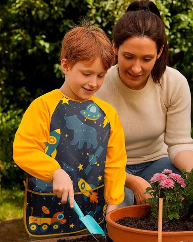 Oiomniv Kids Art Smock-مئزر طويل الأكمام مقاوم للماء مع 3 جيوب ، أطفال قابلة للغسل وأطفال Smock للأعمار 3-8 in Kuwait