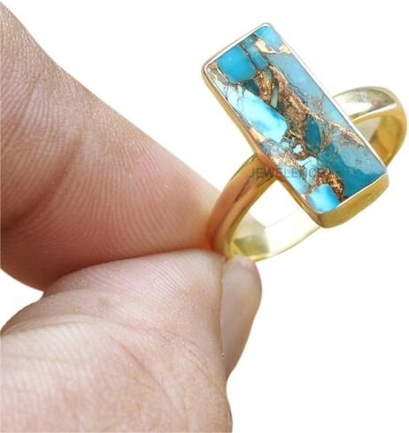 14K Yellow Gold Plated 925 Sterling Silver Ring For Womens Natural Blue Copper Turquoise Ring Sterling Silver Dainty Ring Bezel Set Gemstone Bar Ring in Saudi Arabia
