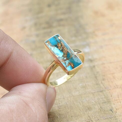 14K Yellow Gold Plated 925 Sterling Silver Ring For Womens Natural Blue Copper Turquoise Ring Sterling Silver Dainty Ring Bezel Set Gemstone Bar Ring in Saudi Arabia