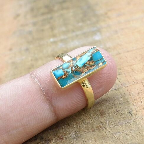 14K Yellow Gold Plated 925 Sterling Silver Ring For Womens Natural Blue Copper Turquoise Ring Sterling Silver Dainty Ring Bezel Set Gemstone Bar Ring in Saudi Arabia