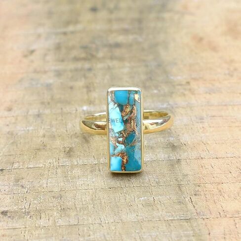 14K Yellow Gold Plated 925 Sterling Silver Ring For Womens Natural Blue Copper Turquoise Ring Sterling Silver Dainty Ring Bezel Set Gemstone Bar Ring in Saudi Arabia