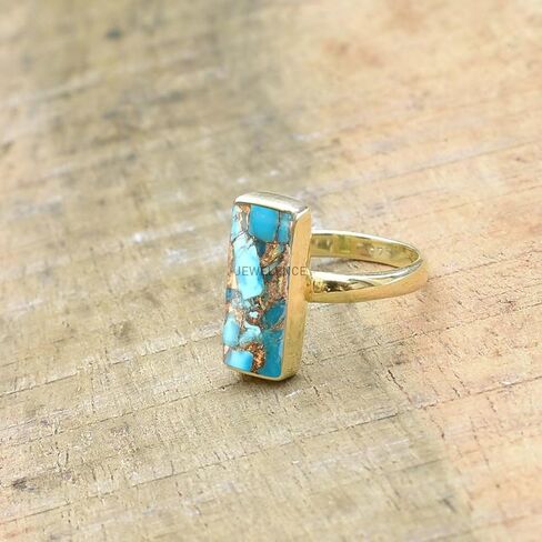 14K Yellow Gold Plated 925 Sterling Silver Ring For Womens Natural Blue Copper Turquoise Ring Sterling Silver Dainty Ring Bezel Set Gemstone Bar Ring in Saudi Arabia