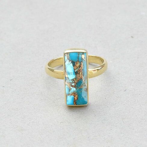 14K Yellow Gold Plated 925 Sterling Silver Ring For Womens Natural Blue Copper Turquoise Ring Sterling Silver Dainty Ring Bezel Set Gemstone Bar Ring in Saudi Arabia