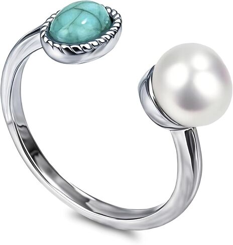 Freshwater Pearl Rings, Natural Stone Silver Turquoise Pearl Rings for Women, Handmade Adjustable Open Statement Ring Turquoise Jewelry (Turquoise Pearl Silver) in Saudi Arabia