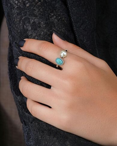 Freshwater Pearl Rings, Natural Stone Silver Turquoise Pearl Rings for Women, Handmade Adjustable Open Statement Ring Turquoise Jewelry (Turquoise Pearl Silver) in Saudi Arabia