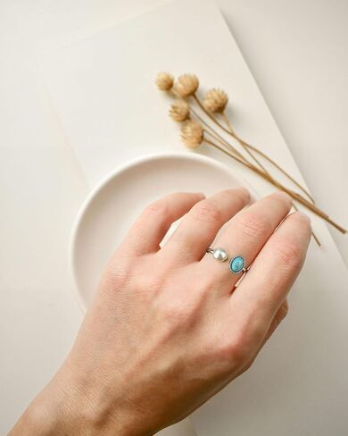 Freshwater Pearl Rings, Natural Stone Silver Turquoise Pearl Rings for Women, Handmade Adjustable Open Statement Ring Turquoise Jewelry (Turquoise Pearl Silver) in Saudi Arabia