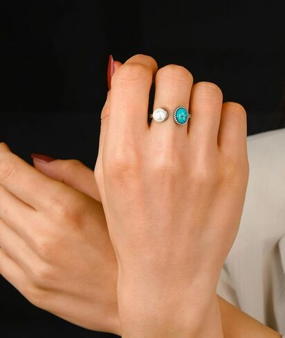 Freshwater Pearl Rings, Natural Stone Silver Turquoise Pearl Rings for Women, Handmade Adjustable Open Statement Ring Turquoise Jewelry (Turquoise Pearl Silver) in Saudi Arabia