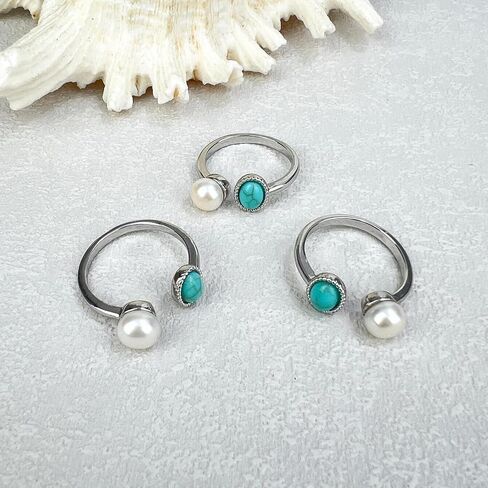 Freshwater Pearl Rings, Natural Stone Silver Turquoise Pearl Rings for Women, Handmade Adjustable Open Statement Ring Turquoise Jewelry (Turquoise Pearl Silver) in Saudi Arabia