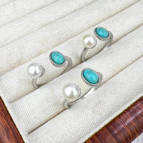 Freshwater Pearl Rings, Natural Stone Silver Turquoise Pearl Rings for Women, Handmade Adjustable Open Statement Ring Turquoise Jewelry (Turquoise Pearl Silver) in Saudi Arabia