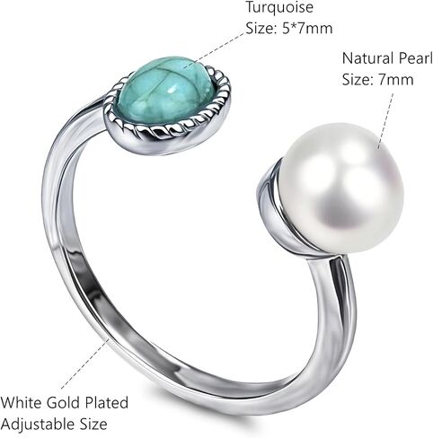 Freshwater Pearl Rings, Natural Stone Silver Turquoise Pearl Rings for Women, Handmade Adjustable Open Statement Ring Turquoise Jewelry (Turquoise Pearl Silver) in Saudi Arabia