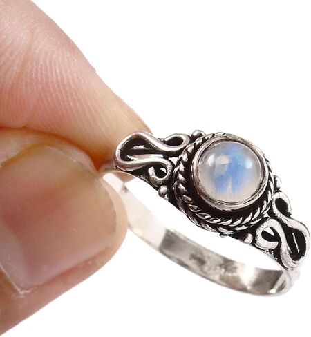 925 Sterling Silver 6mm Gemstone Ring for Women Stackable Dainty Silver Birthstone Rings Natural Healing Crystal Jewelry Handmade Minimalist Ring (RAINBOW MOONSTONE, 6) in Kuwait