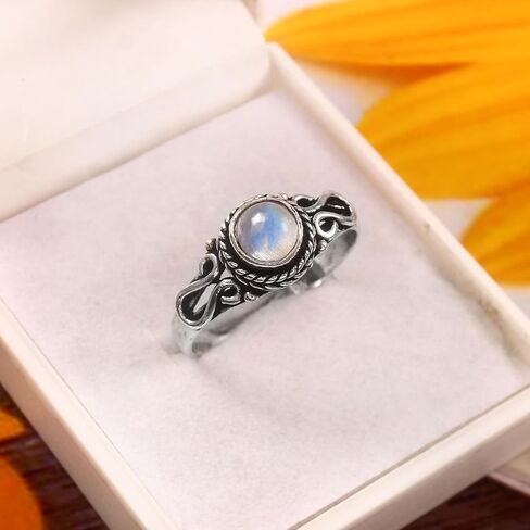 925 Sterling Silver 6mm Gemstone Ring for Women Stackable Dainty Silver Birthstone Rings Natural Healing Crystal Jewelry Handmade Minimalist Ring (RAINBOW MOONSTONE, 6) in Kuwait
