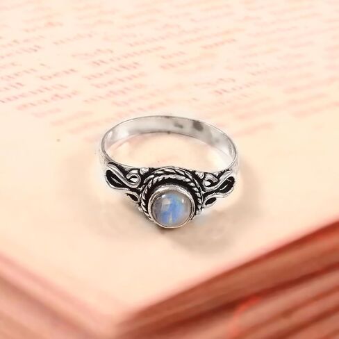 925 Sterling Silver 6mm Gemstone Ring for Women Stackable Dainty Silver Birthstone Rings Natural Healing Crystal Jewelry Handmade Minimalist Ring (RAINBOW MOONSTONE, 6) in Kuwait