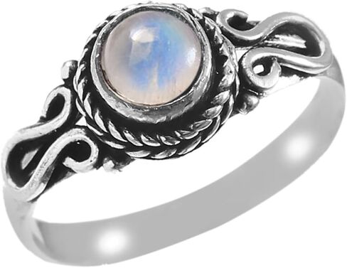 925 Sterling Silver 6mm Gemstone Ring for Women Stackable Dainty Silver Birthstone Rings Natural Healing Crystal Jewelry Handmade Minimalist Ring (RAINBOW MOONSTONE, 6) in Kuwait