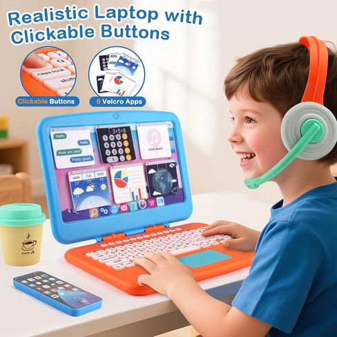 Play Play Office Office Most Met for Kids ، وميزات Toy Labstop Computer ، LCD كتابة الكمبيوتر اللوحي ، هاتف الألعاب ، سماعات الرأس ، عباد الشمس وتناول كوب القهوة ، هدايا الألعاب للأولاد الذين تتراوح أعمارهم بين 3-5-7 in Saudi Arabia