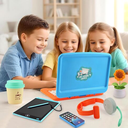 Play Play Office Office Most Met for Kids ، وميزات Toy Labstop Computer ، LCD كتابة الكمبيوتر اللوحي ، هاتف الألعاب ، سماعات الرأس ، عباد الشمس وتناول كوب القهوة ، هدايا الألعاب للأولاد الذين تتراوح أعمارهم بين 3-5-7 in Saudi Arabia