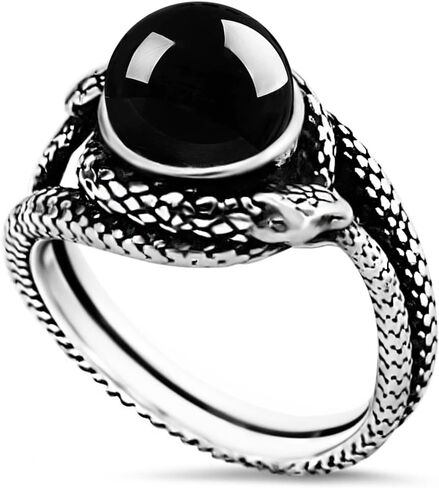 Retro Sterling Silver White Agate Stone Bead Ring,Cool Punk Gothic Infinity Ouroboros Snake Natural Crystal Gemstone Quartz Gem Stone Ring Jewelry for Women Her (A04_White Agate, 9) in Saudi Arabia