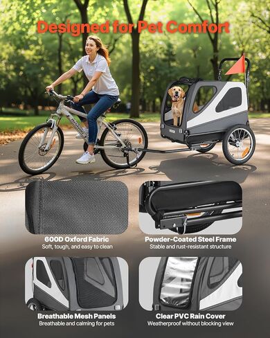 VEVOR Dog Bike Trailer, Supports up to 100 lbs, 2-in-1 Pet Stroller Cart Bicycle Carrier for Small & Large Dogs, Easy Folding Frame with Quick Release Wheel, Universal Bicycle Coupler, Internal Leash in Saudi Arabia