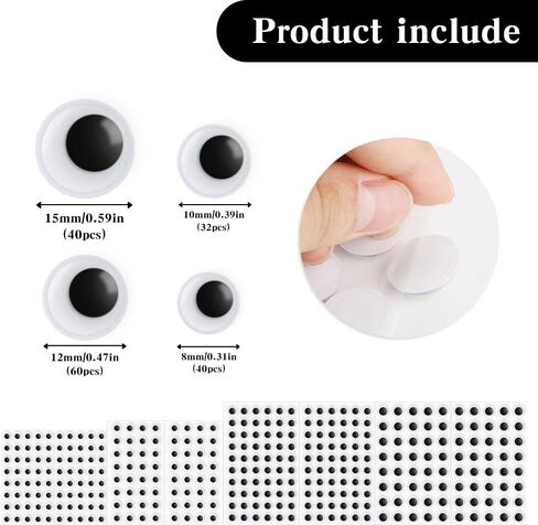 Googly Eyes Stickers, 8 Sheets Self Adhesive Wiggle Googly Eyes for Crafts, Black White Wiggle Eye Assorted Small Size 8mm 10mm 12mm 15mm for DIY Doll Making Sewing Decoration, Easy Peel and Stick in Kuwait