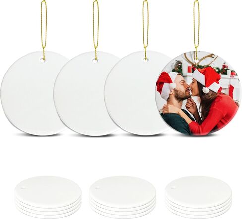 Sublimation Ceramic Ornaments Blanks with Gold String White Round Ornament Decorations Xmas Tree Gift for Heat Press Printing Crafts 12Pcs in Kuwait