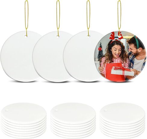 Sublimation Ceramic Ornaments Blanks with Gold String White Round Ornament Decorations Xmas Tree Gift for Heat Press Printing Crafts 12Pcs in Kuwait