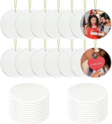 Sublimation Ceramic Ornaments Blanks with Gold String White Round Ornament Decorations Xmas Tree Gift for Heat Press Printing Crafts 12Pcs in Kuwait