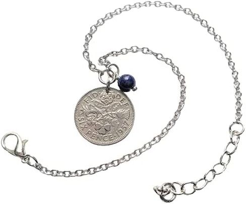 Coinageart Sixpence Coin Anklet British Sixpence مع Lapis Lazuli Gemstone على سلسلة من الفولاذ المقاوم للصدأ الرائع - Womens Anklet 1000 in Saudi Arabia