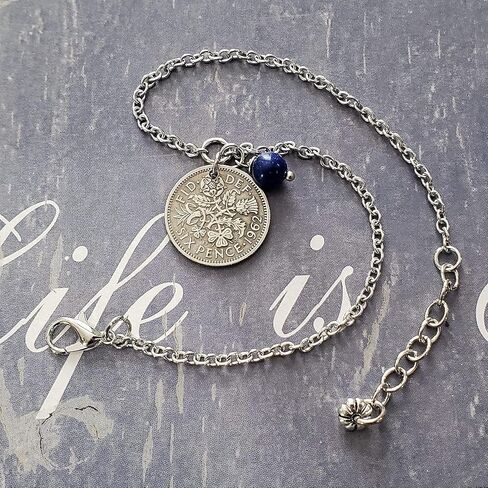 Coinageart Sixpence Coin Anklet British Sixpence مع Lapis Lazuli Gemstone على سلسلة من الفولاذ المقاوم للصدأ الرائع - Womens Anklet 1000 in Saudi Arabia