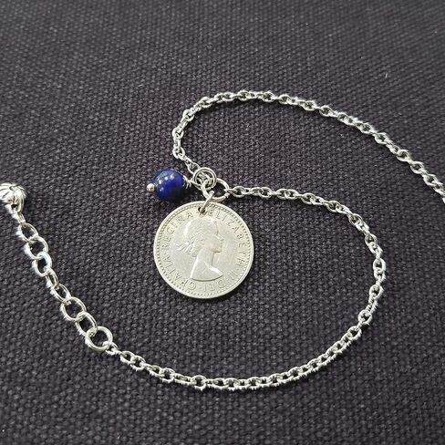 Coinageart Sixpence Coin Anklet British Sixpence مع Lapis Lazuli Gemstone على سلسلة من الفولاذ المقاوم للصدأ الرائع - Womens Anklet 1000 in Saudi Arabia