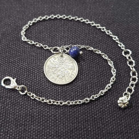 Coinageart Sixpence Coin Anklet British Sixpence مع Lapis Lazuli Gemstone على سلسلة من الفولاذ المقاوم للصدأ الرائع - Womens Anklet 1000 in Saudi Arabia