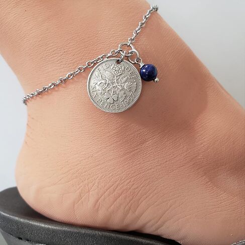 Coinageart Sixpence Coin Anklet British Sixpence مع Lapis Lazuli Gemstone على سلسلة من الفولاذ المقاوم للصدأ الرائع - Womens Anklet 1000 in Saudi Arabia