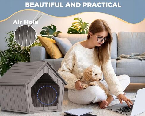Vixzen Dog House في الهواء الطلق مقاوم للماء ، راتنج صغير منزل مع تصميم مقاوم للطقس لاستخدام سرير الكلاب في الهواء الطلق - مثالي للحيوانات الأليفة الصغيرة إلى المتوسطة in Kuwait