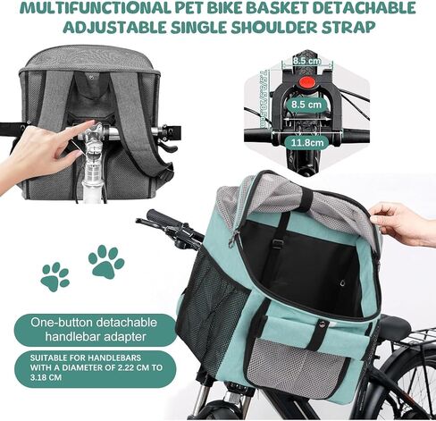 Dog Bike Basket with Side Pocket, Mesh Windows & Zip Cover, Bike Pet Carrier for Small Dogs & Medium Cats, 3 s Assemble, One-Button Remove, Convertible Backpack/Car Seat/Shoulder Bag, Max 11lbs (Blue) in Saudi Arabia