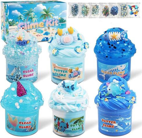 6-Pack Slime Kit for Kids, Soft Butter Slime, Stretchy, Non-Sticky Clear Slime Kit for Kids, Birthday Gift & Slime Party Favors for Toddlers Age 3-5 (Blue) in Saudi Arabia