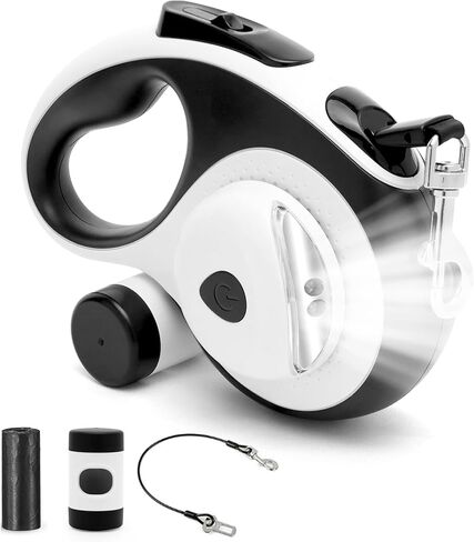 مقود الكلب القابل للسحب مع ضوء LED USB قابلة لإعادة الشحن ، و 16 قدمًا من الكلب الشاق مع حامل أكياس أنبوب وكابل فولاذي ، مقود للكلاب الكبيرة المتوسطة ، البيضاء in Kuwait