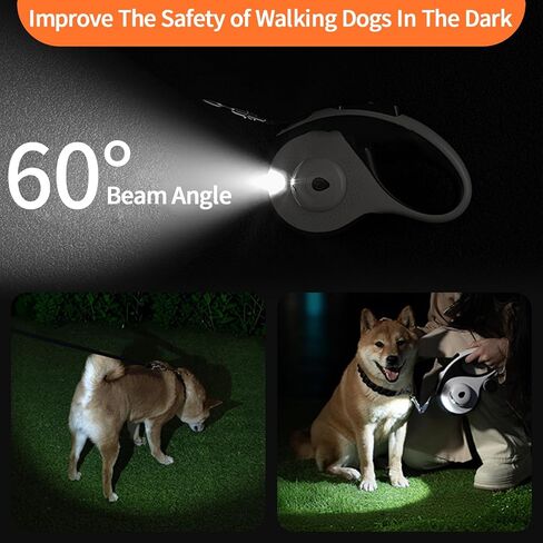مقود الكلب القابل للسحب مع ضوء LED USB قابلة لإعادة الشحن ، و 16 قدمًا من الكلب الشاق مع حامل أكياس أنبوب وكابل فولاذي ، مقود للكلاب الكبيرة المتوسطة ، البيضاء in Kuwait