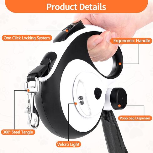 مقود الكلب القابل للسحب مع ضوء LED USB قابلة لإعادة الشحن ، و 16 قدمًا من الكلب الشاق مع حامل أكياس أنبوب وكابل فولاذي ، مقود للكلاب الكبيرة المتوسطة ، البيضاء in Kuwait