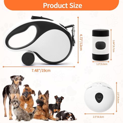 مقود الكلب القابل للسحب مع ضوء LED USB قابلة لإعادة الشحن ، و 16 قدمًا من الكلب الشاق مع حامل أكياس أنبوب وكابل فولاذي ، مقود للكلاب الكبيرة المتوسطة ، البيضاء in Kuwait