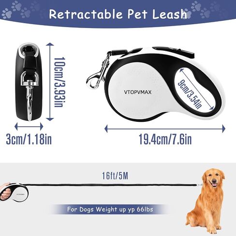 26Ft Retractable Dog Leash - for Dog Up to 110lbs, Tangle Free Walking Leash with Chew Proof Cable | LED Light | Dispenser | Poop Bags, Quick Lock Braking & Non-Slip Handle (White) in Saudi Arabia