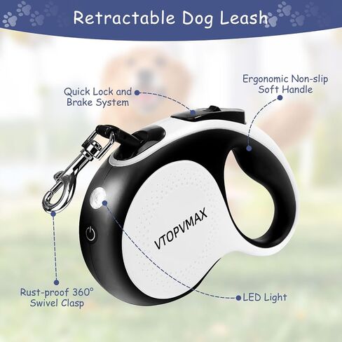 26Ft Retractable Dog Leash - for Dog Up to 110lbs, Tangle Free Walking Leash with Chew Proof Cable | LED Light | Dispenser | Poop Bags, Quick Lock Braking & Non-Slip Handle (White) in Saudi Arabia