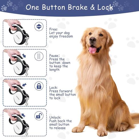 26Ft Retractable Dog Leash - for Dog Up to 110lbs, Tangle Free Walking Leash with Chew Proof Cable | LED Light | Dispenser | Poop Bags, Quick Lock Braking & Non-Slip Handle (White) in Saudi Arabia