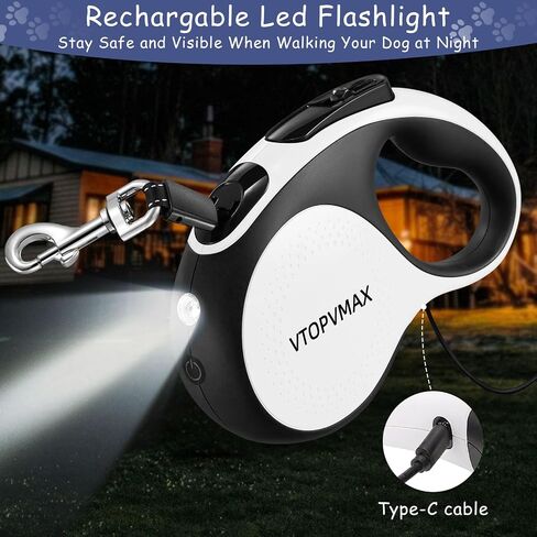 26Ft Retractable Dog Leash - for Dog Up to 110lbs, Tangle Free Walking Leash with Chew Proof Cable | LED Light | Dispenser | Poop Bags, Quick Lock Braking & Non-Slip Handle (White) in Saudi Arabia
