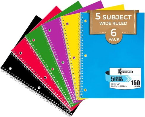 5 Subject Notebook Wide Ruled, 6 Pack, 300 Pages (150 Sheets), 8 x 10-1/2", 5 Subject Spiral Notebook with Dividers, Thick Paper Fights Ink Bleed, 3 Hole Punched, Spiral Notebooks for School in Kuwait